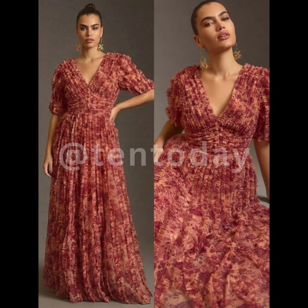 $798 NWT Anthropologie Mac Duggal Size 4 Red Floral Ruffle Long Maxi Dress Gown